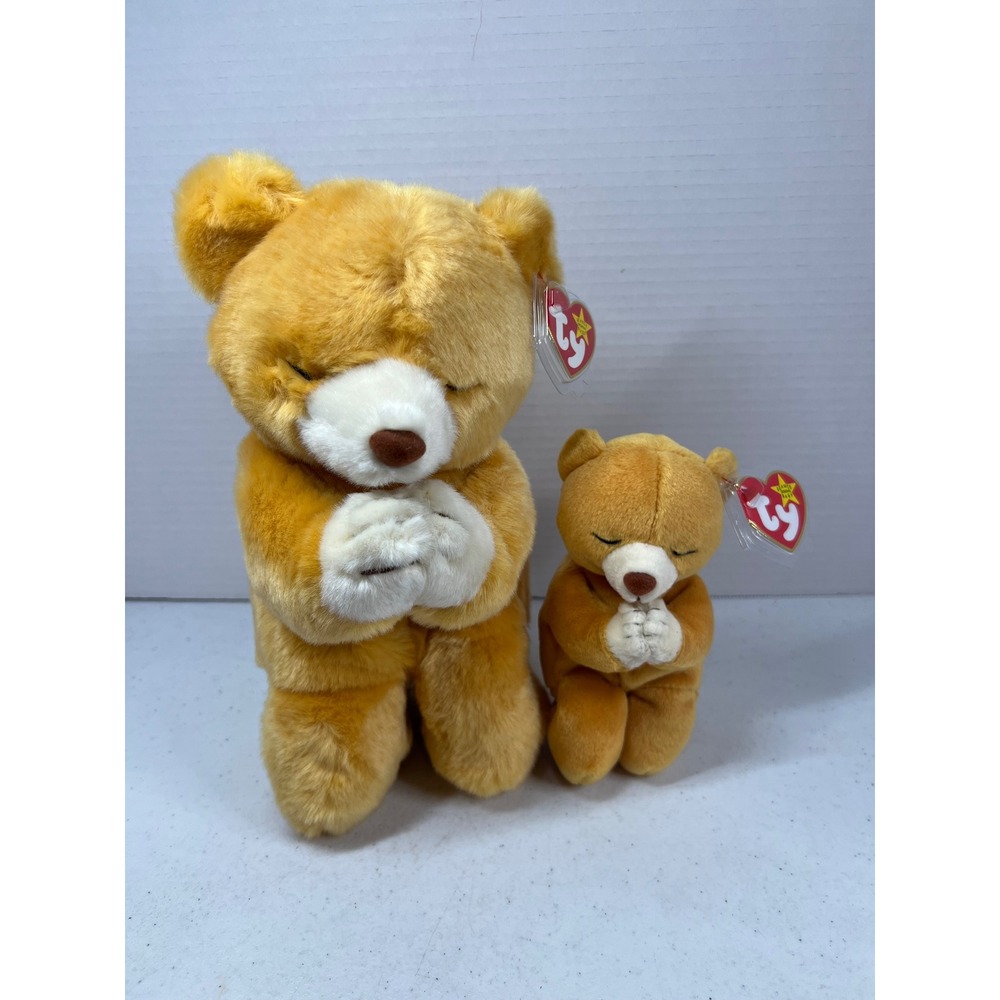 Ty Beanie Buddy and Baby Hope Praying Bear Set Tan Plush 10" and 6" MWMT
